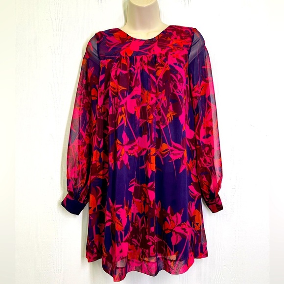 H&M - Bright Floral Sheer Lined Long Sleeve Lightweight Fun Mini Dress Size 2 - Picture 1 of 13